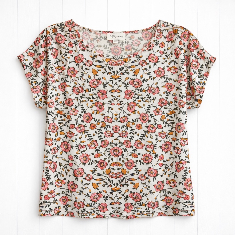 NWOT Floral Short Sleeve Top XL Boho Blouse Pink Cream Lightweight